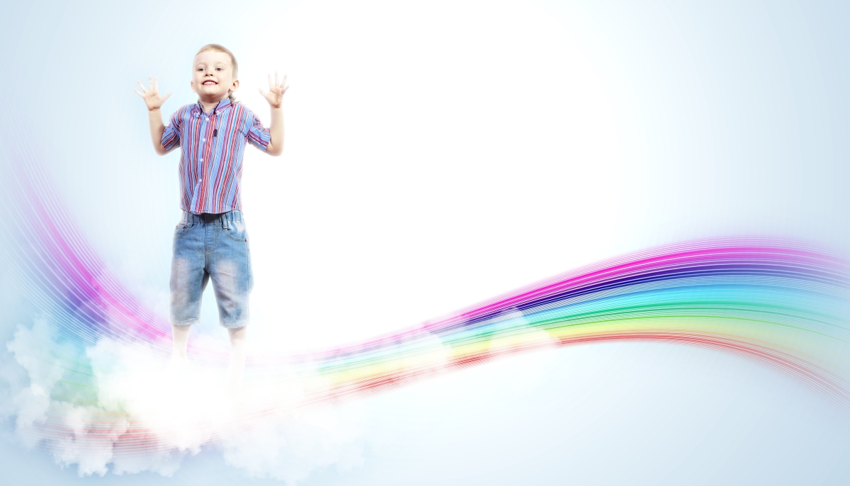 The loss of my daughter image with little boy on a rainbow cloud, happy