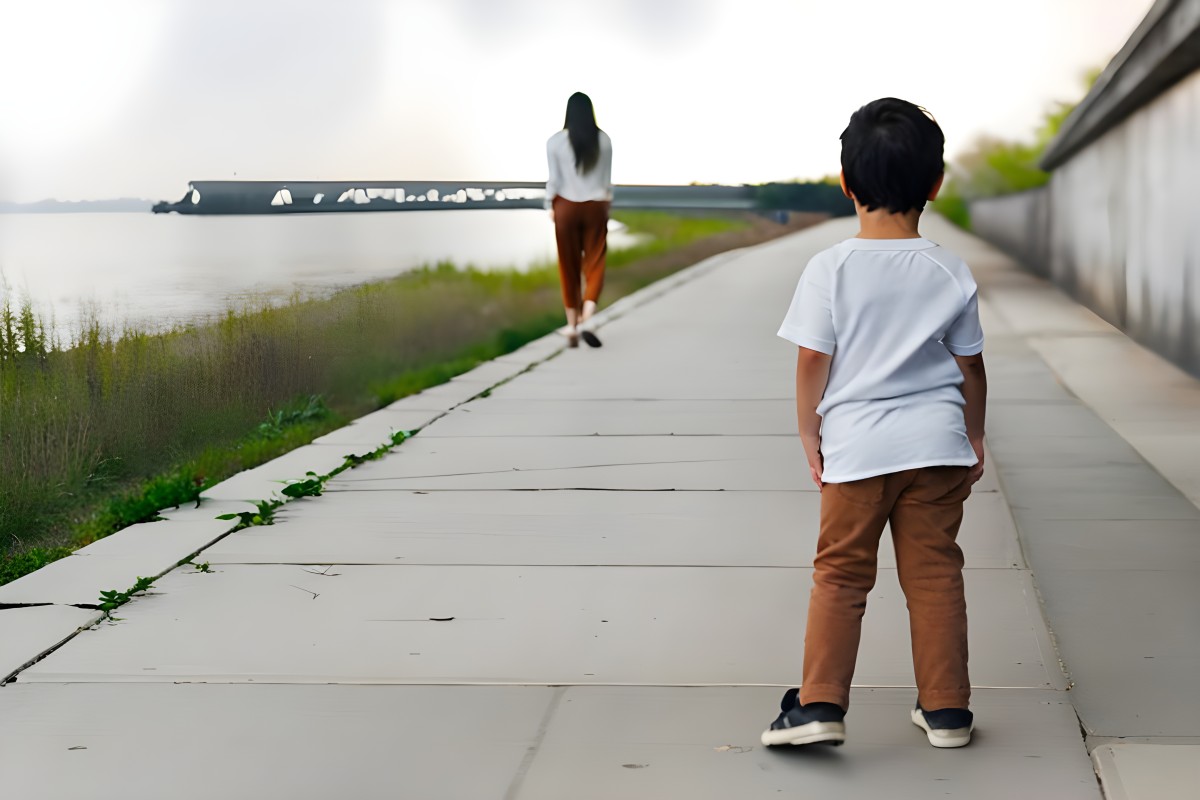 Melancholy child watches mother walking ahead on a narrow road